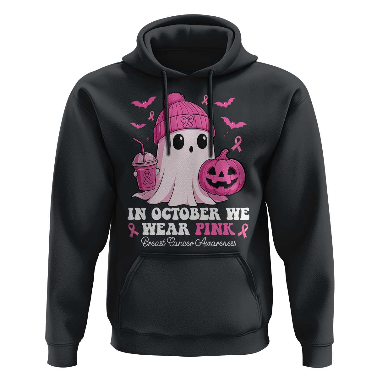 In October We Wear Pink Ghost Hoodie Halloween Breast Cancer Pink Ribbon Pumpkin - Wonder Print Shop