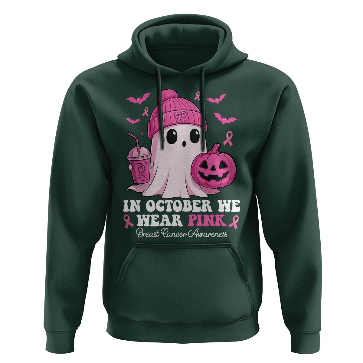 In October We Wear Pink Ghost Hoodie Halloween Breast Cancer Pink Ribbon Pumpkin - Wonder Print Shop