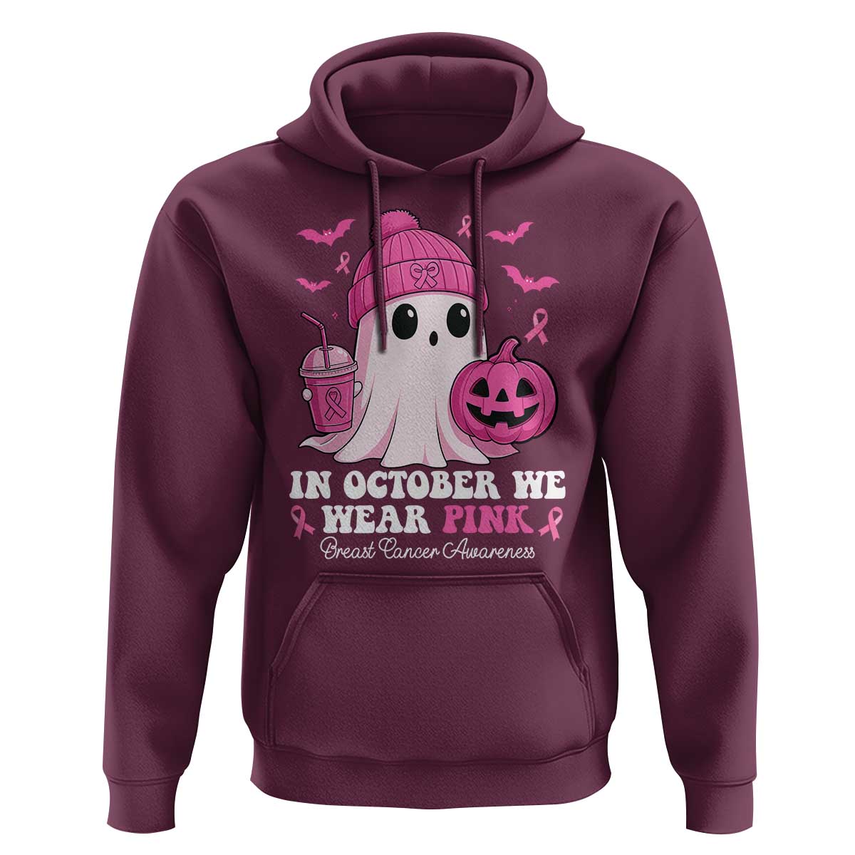 In October We Wear Pink Ghost Hoodie Halloween Breast Cancer Pink Ribbon Pumpkin - Wonder Print Shop