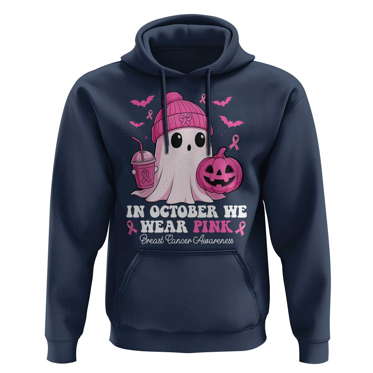 In October We Wear Pink Ghost Hoodie Halloween Breast Cancer Pink Ribbon Pumpkin - Wonder Print Shop