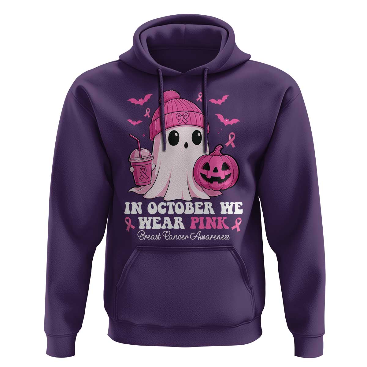In October We Wear Pink Ghost Hoodie Halloween Breast Cancer Pink Ribbon Pumpkin - Wonder Print Shop