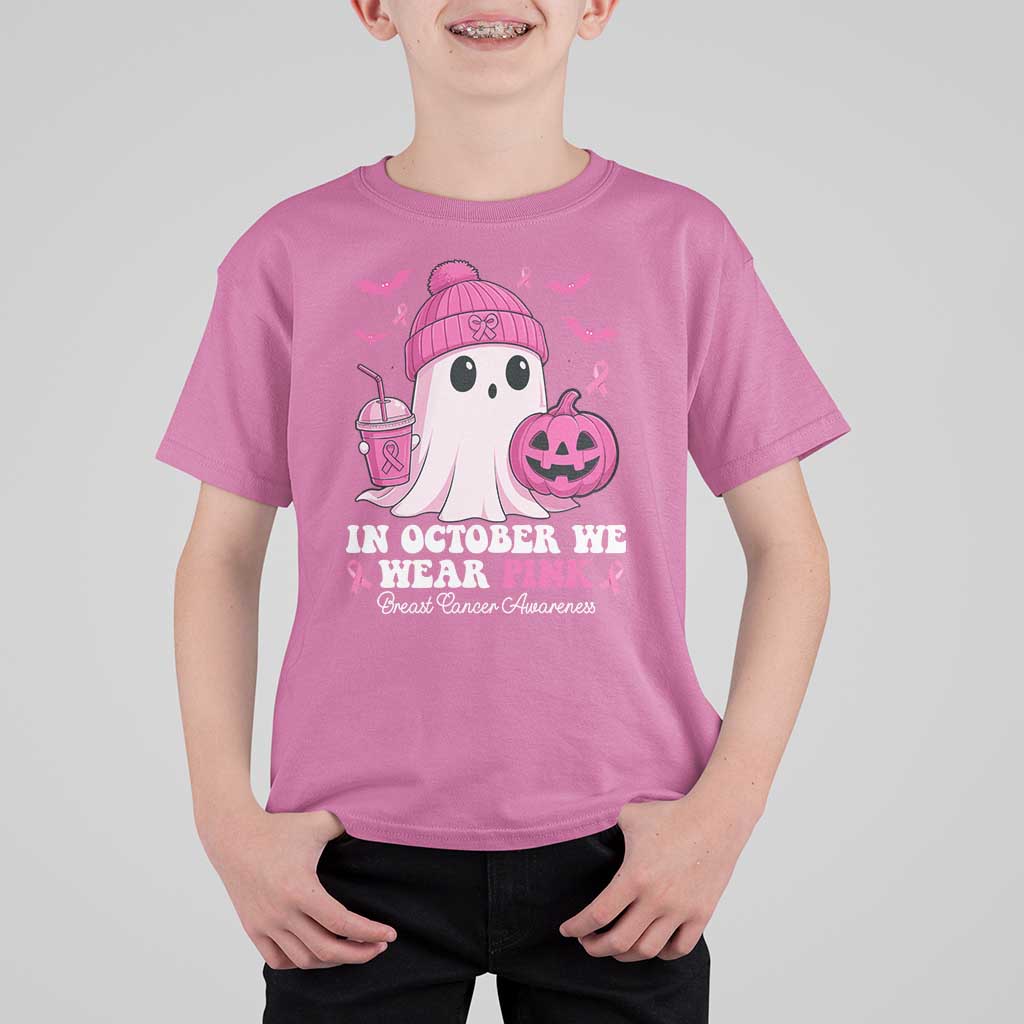 In October We Wear Pink Ghost T Shirt For Kid Halloween Breast Cancer Pink Ribbon Pumpkin - Wonder Print Shop