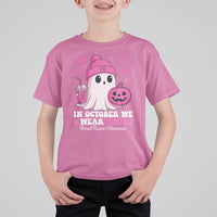 In October We Wear Pink Ghost T Shirt For Kid Halloween Breast Cancer Pink Ribbon Pumpkin - Wonder Print Shop