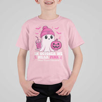 In October We Wear Pink Ghost T Shirt For Kid Halloween Breast Cancer Pink Ribbon Pumpkin - Wonder Print Shop