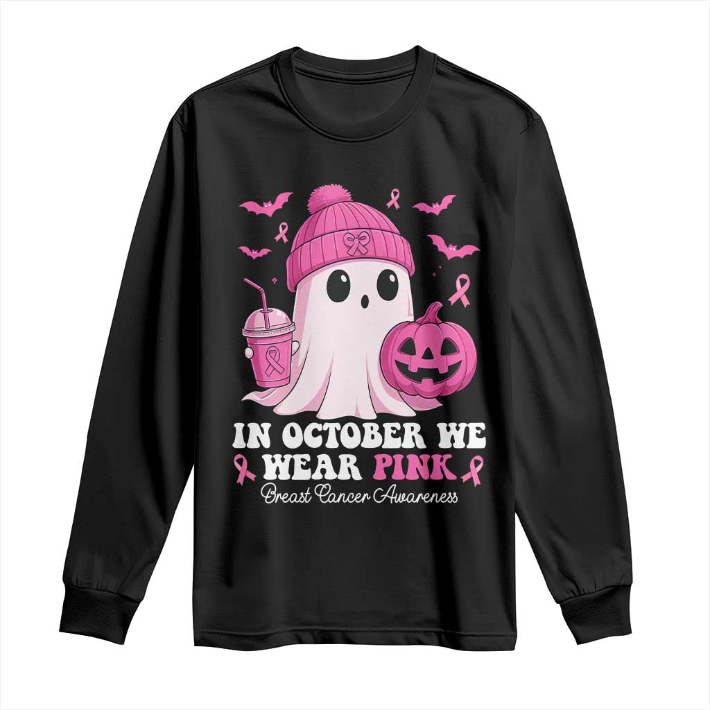 In October We Wear Pink Ghost Long Sleeve Shirt Halloween Breast Cancer Pink Ribbon Pumpkin - Wonder Print Shop