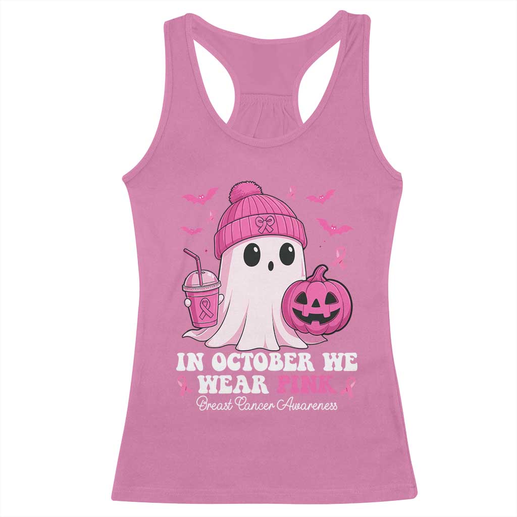 In October We Wear Pink Ghost Racerback Tank Top Halloween Breast Cancer Pink Ribbon Pumpkin - Wonder Print Shop