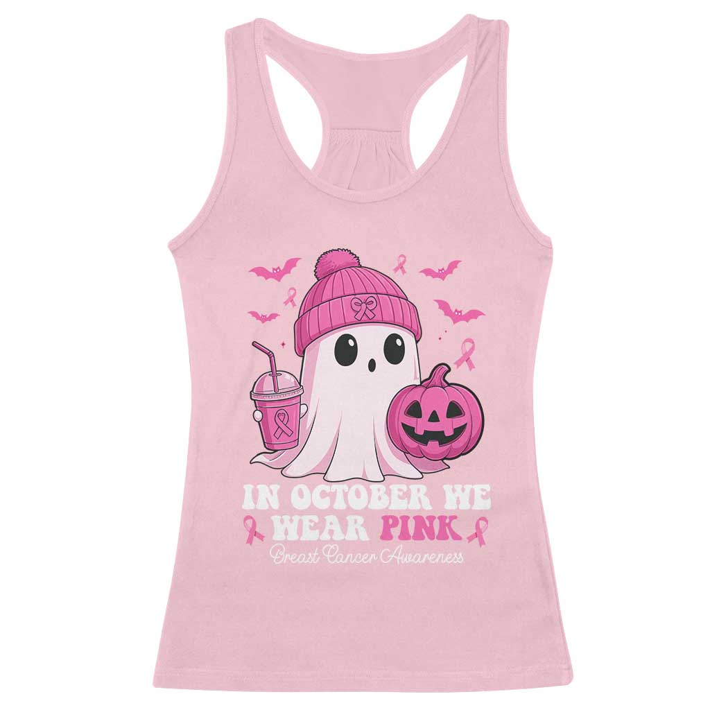 In October We Wear Pink Ghost Racerback Tank Top Halloween Breast Cancer Pink Ribbon Pumpkin - Wonder Print Shop