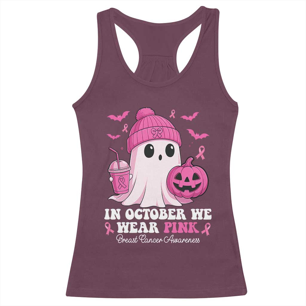 In October We Wear Pink Ghost Racerback Tank Top Halloween Breast Cancer Pink Ribbon Pumpkin - Wonder Print Shop