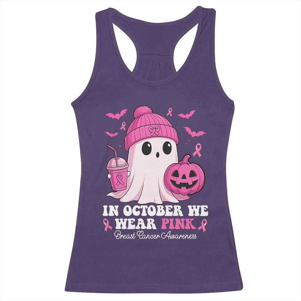 In October We Wear Pink Ghost Racerback Tank Top Halloween Breast Cancer Pink Ribbon Pumpkin - Wonder Print Shop