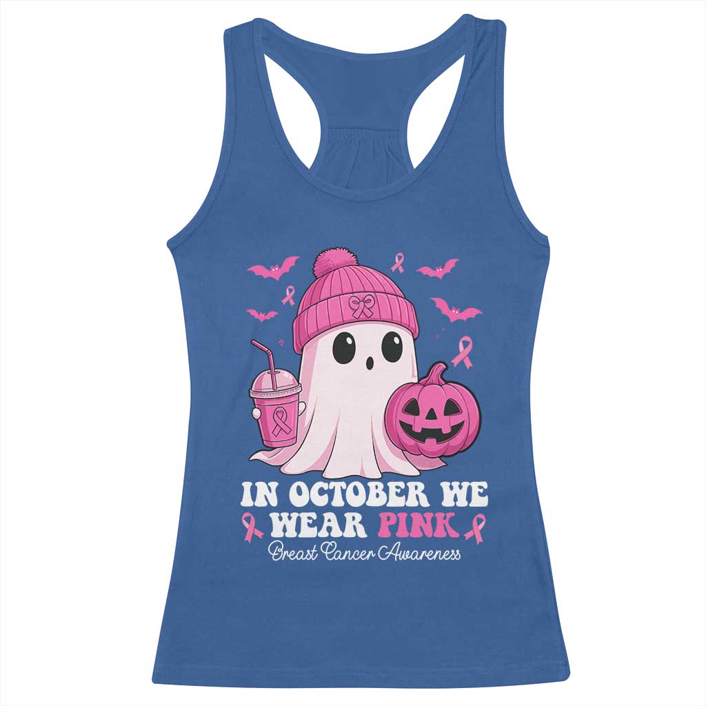In October We Wear Pink Ghost Racerback Tank Top Halloween Breast Cancer Pink Ribbon Pumpkin - Wonder Print Shop