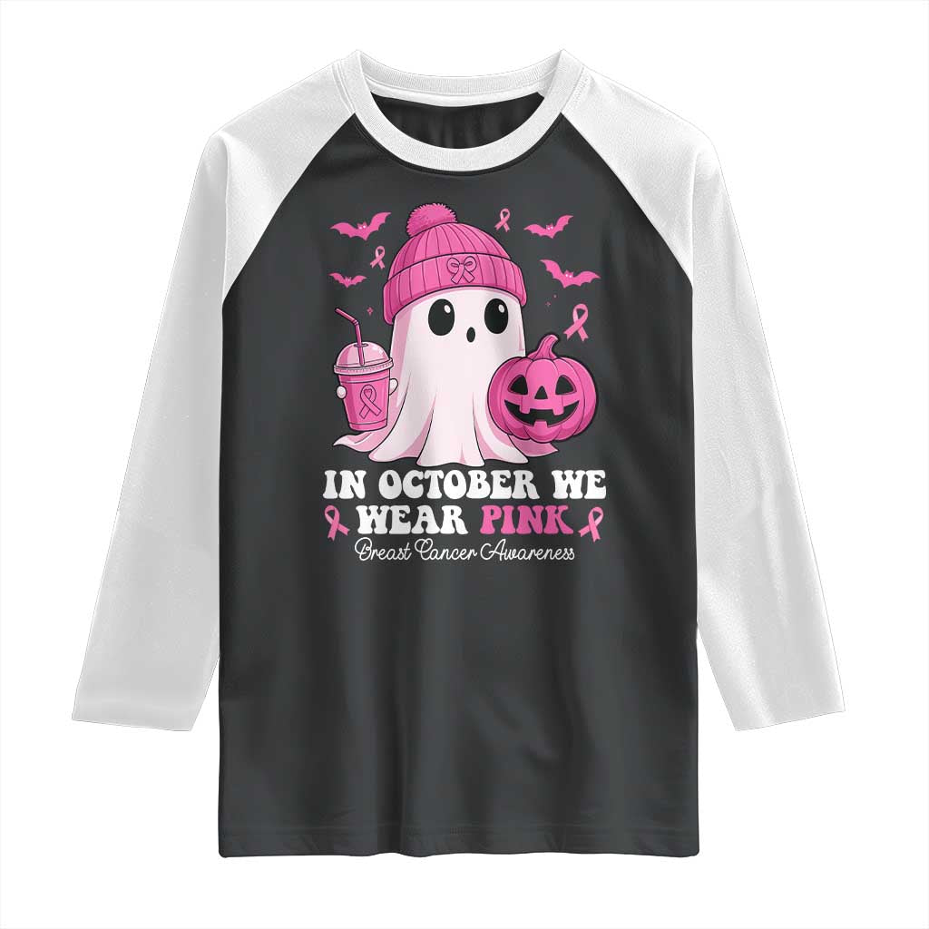 In October We Wear Pink Ghost Raglan Shirt Halloween Breast Cancer Pink Ribbon Pumpkin - Wonder Print Shop