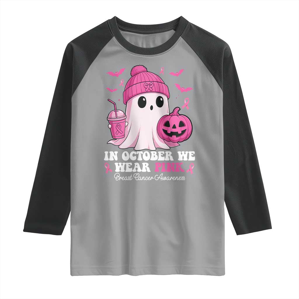 In October We Wear Pink Ghost Raglan Shirt Halloween Breast Cancer Pink Ribbon Pumpkin - Wonder Print Shop