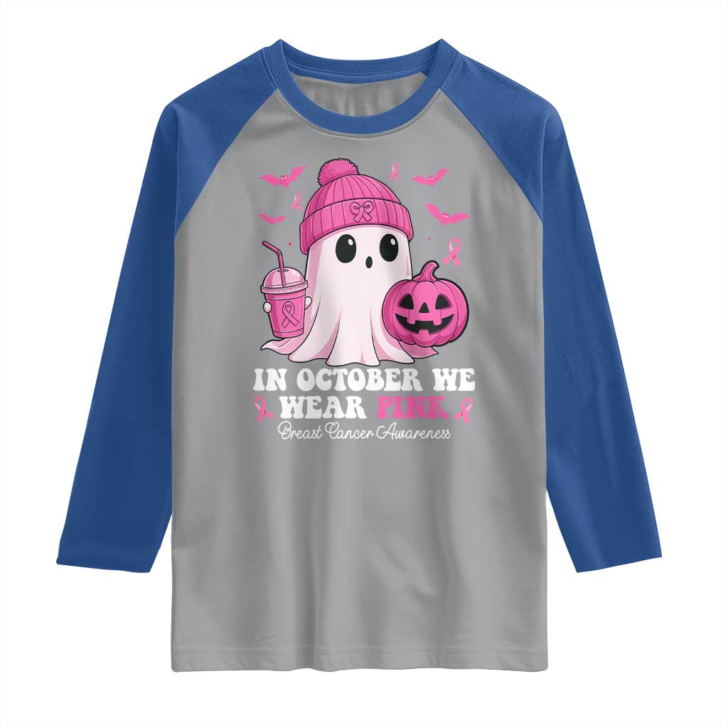 In October We Wear Pink Ghost Raglan Shirt Halloween Breast Cancer Pink Ribbon Pumpkin - Wonder Print Shop