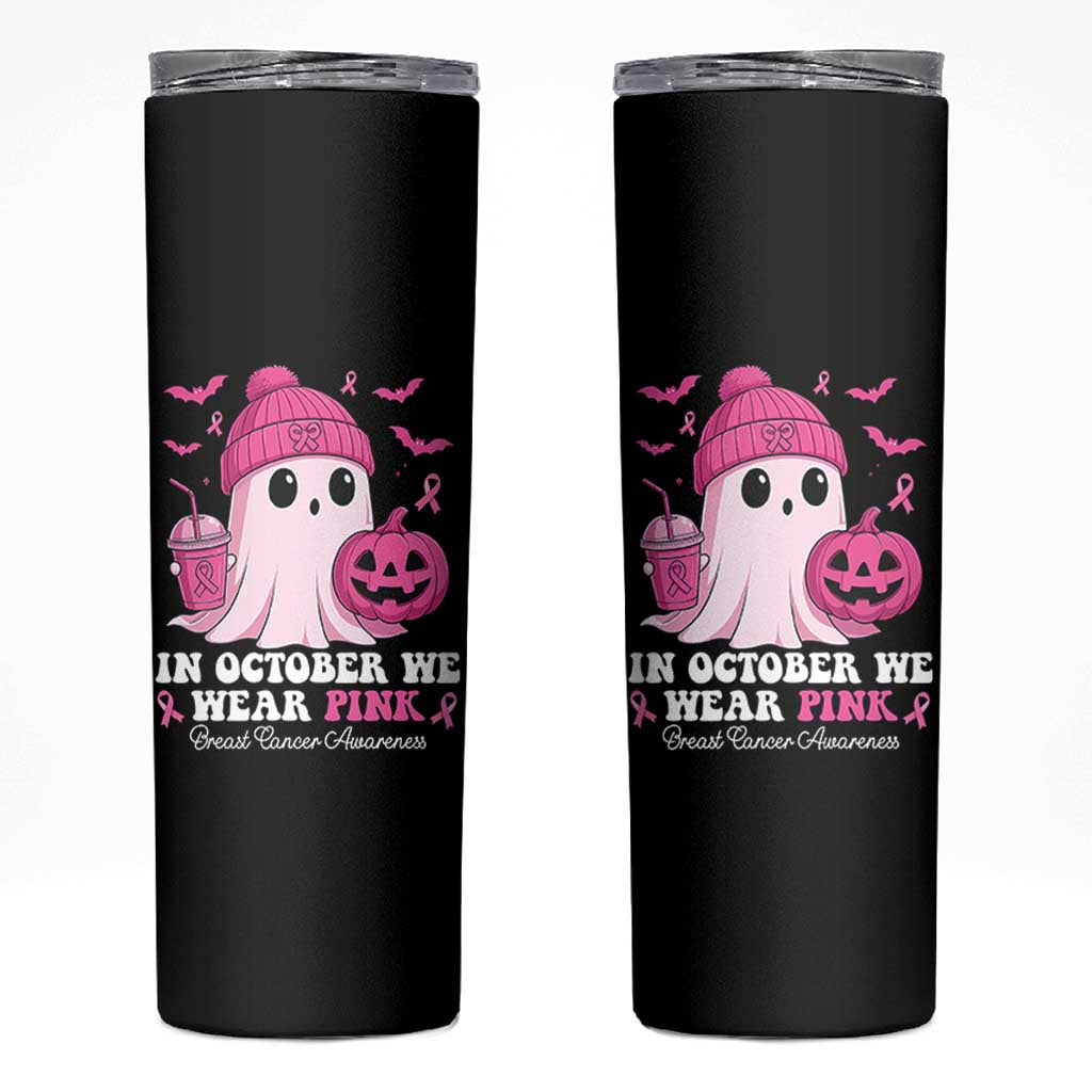 In October We Wear Pink Ghost Skinny Tumbler Halloween Breast Cancer Pink Ribbon Pumpkin - Wonder Print Shop