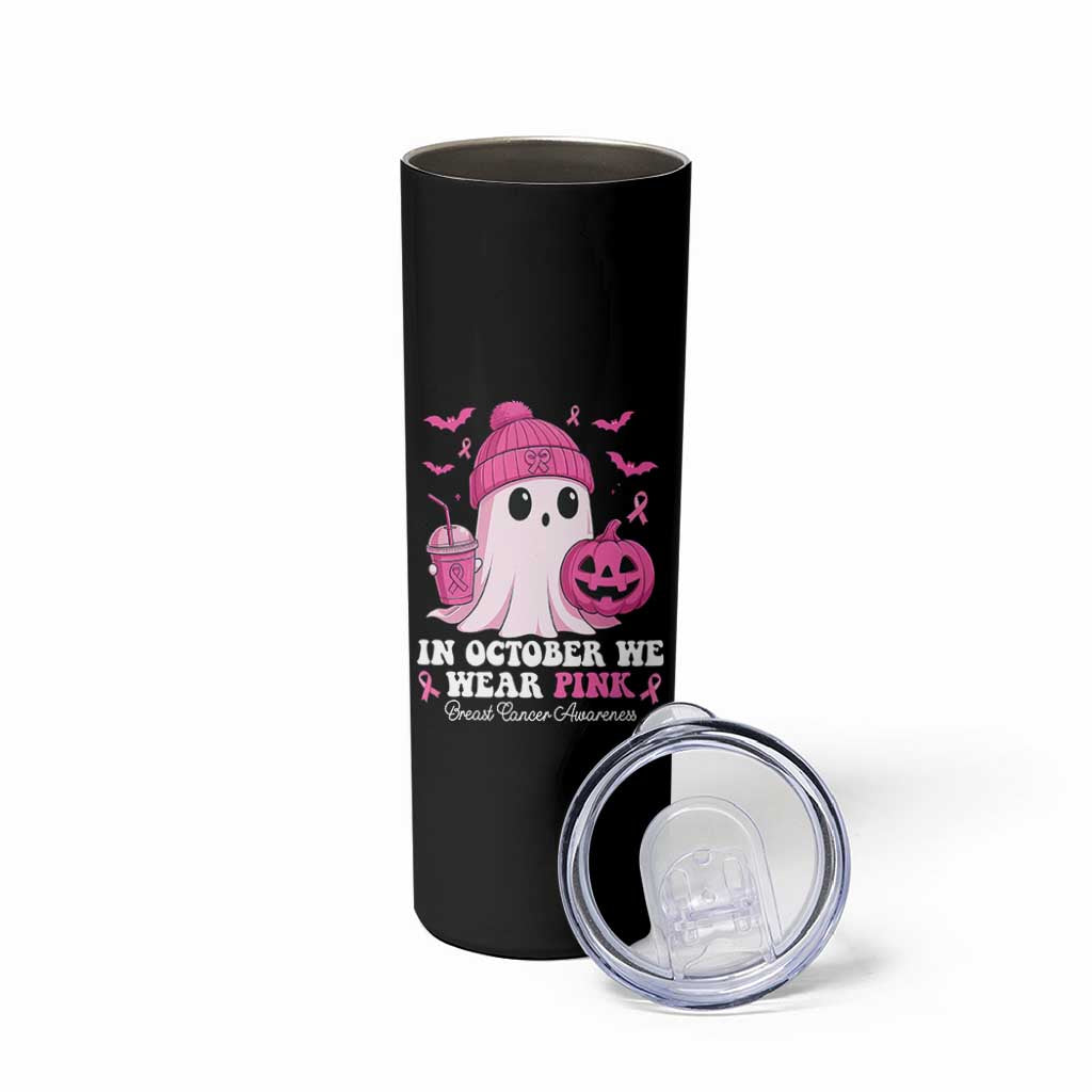 In October We Wear Pink Ghost Skinny Tumbler Halloween Breast Cancer Pink Ribbon Pumpkin - Wonder Print Shop