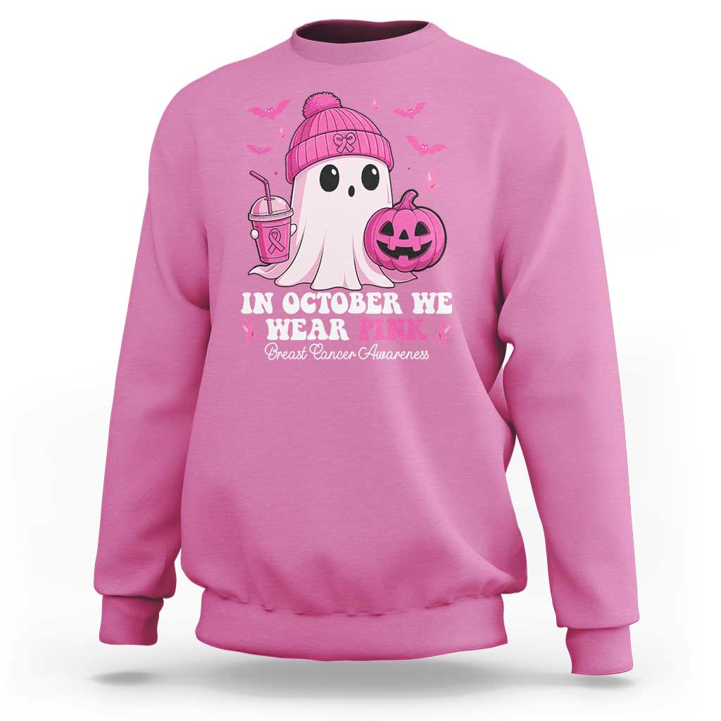 In October We Wear Pink Ghost Sweatshirt Halloween Breast Cancer Pink Ribbon Pumpkin - Wonder Print Shop