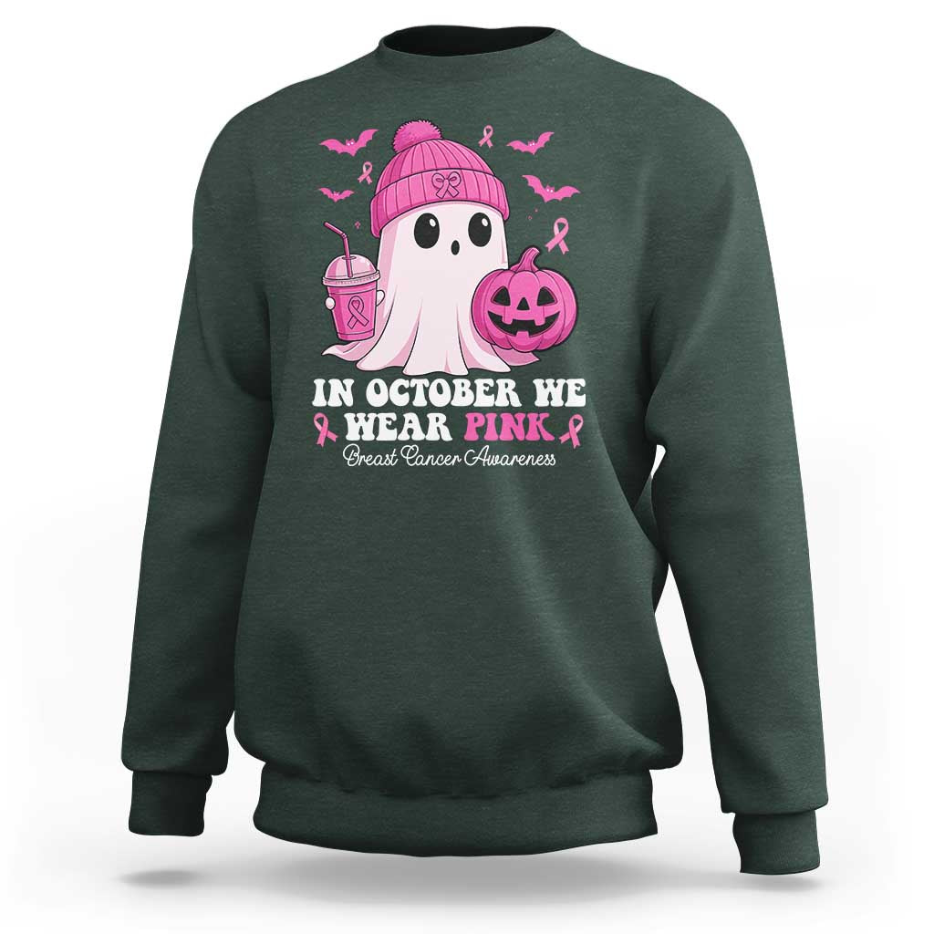 In October We Wear Pink Ghost Sweatshirt Halloween Breast Cancer Pink Ribbon Pumpkin - Wonder Print Shop