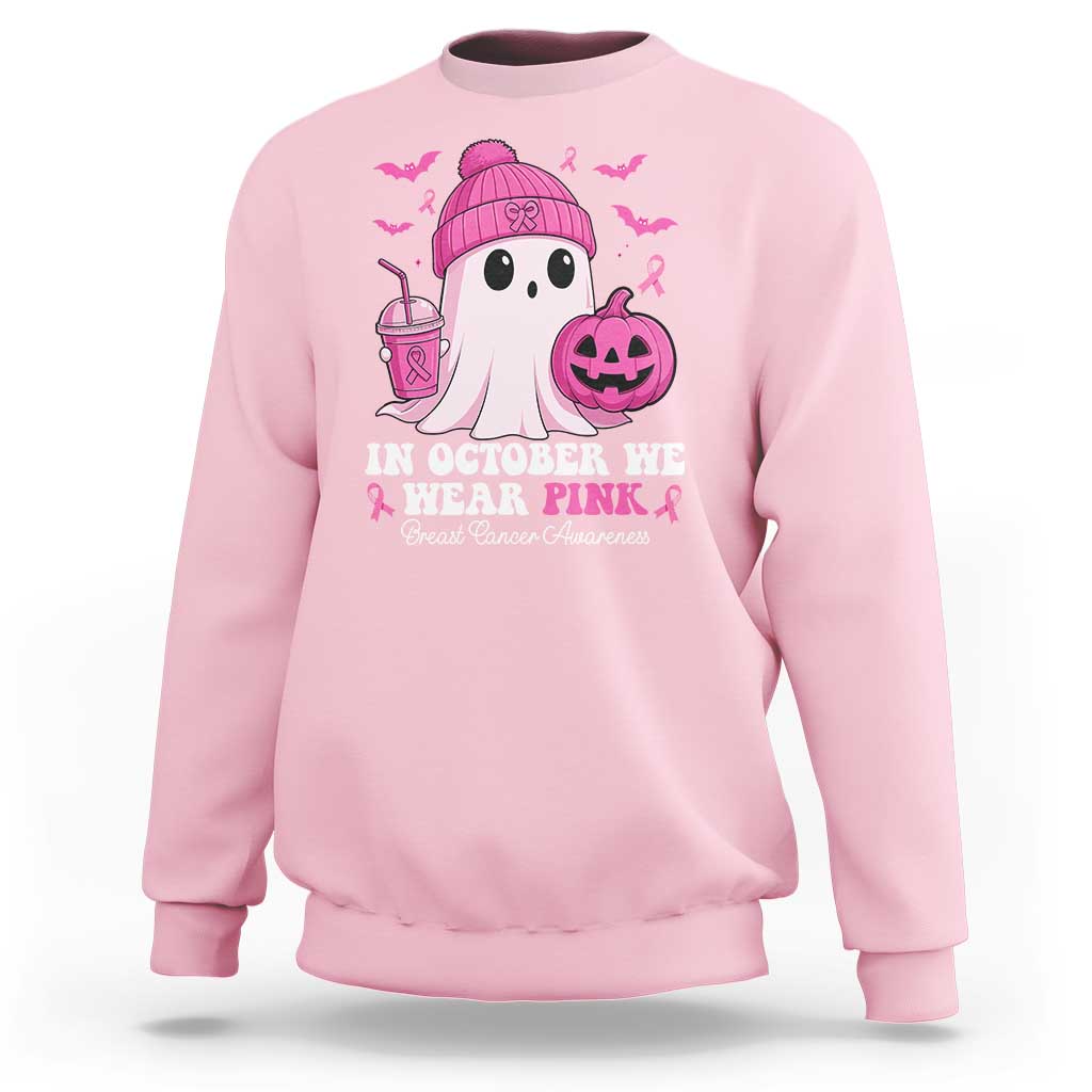 In October We Wear Pink Ghost Sweatshirt Halloween Breast Cancer Pink Ribbon Pumpkin - Wonder Print Shop