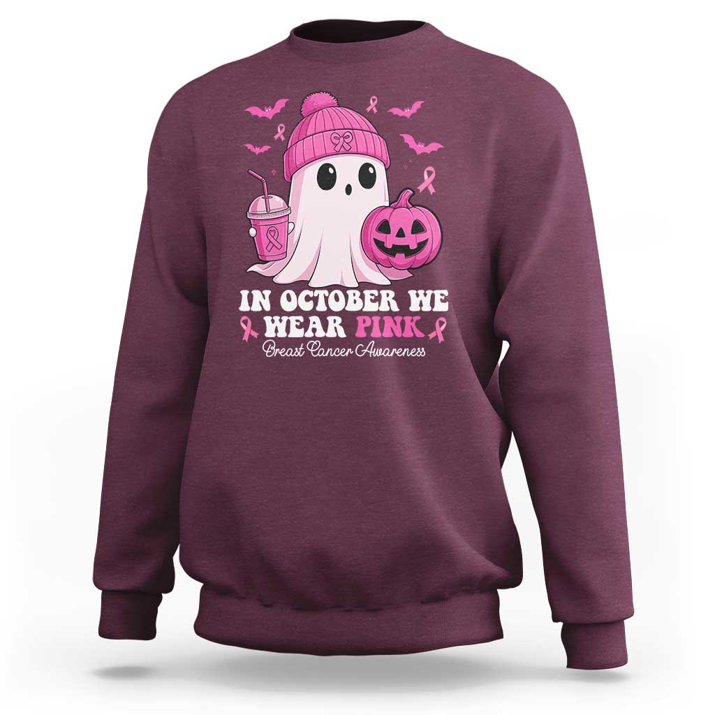 In October We Wear Pink Ghost Sweatshirt Halloween Breast Cancer Pink Ribbon Pumpkin - Wonder Print Shop