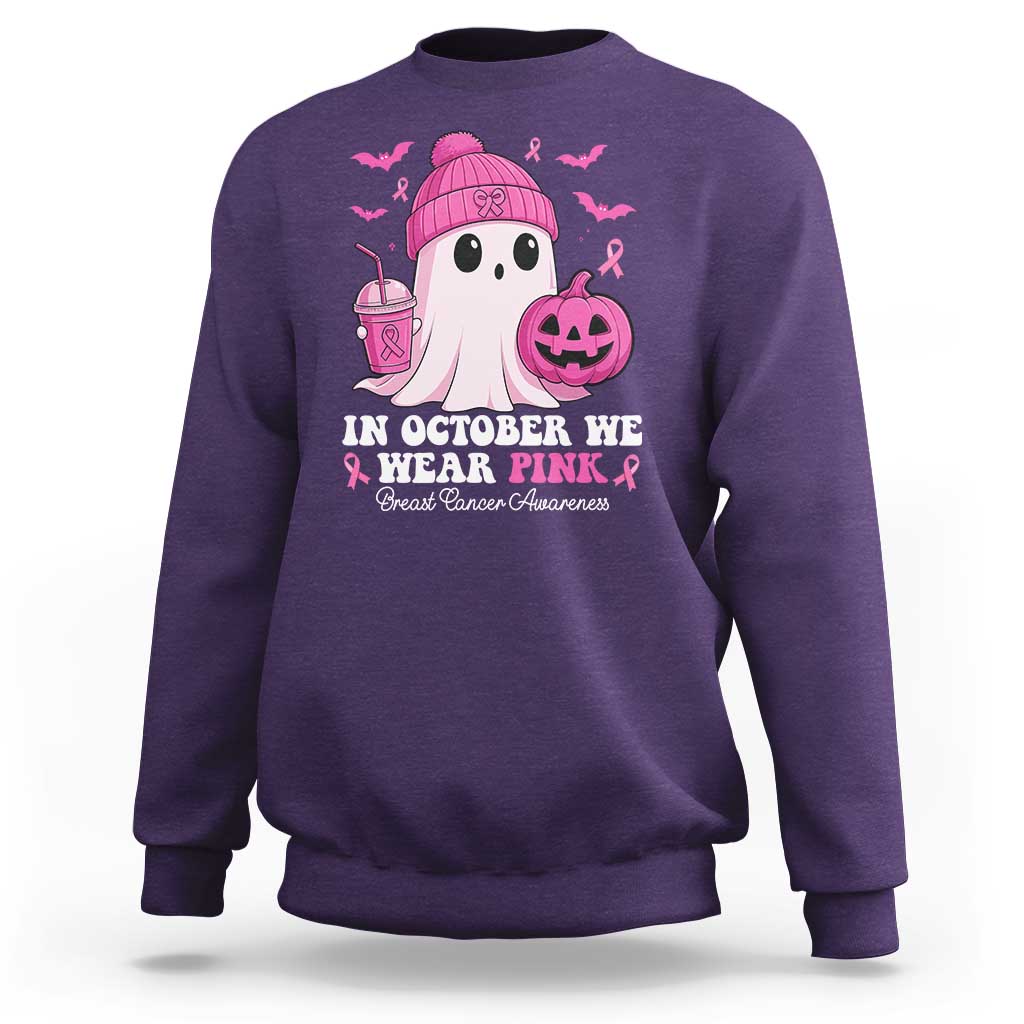 In October We Wear Pink Ghost Sweatshirt Halloween Breast Cancer Pink Ribbon Pumpkin - Wonder Print Shop