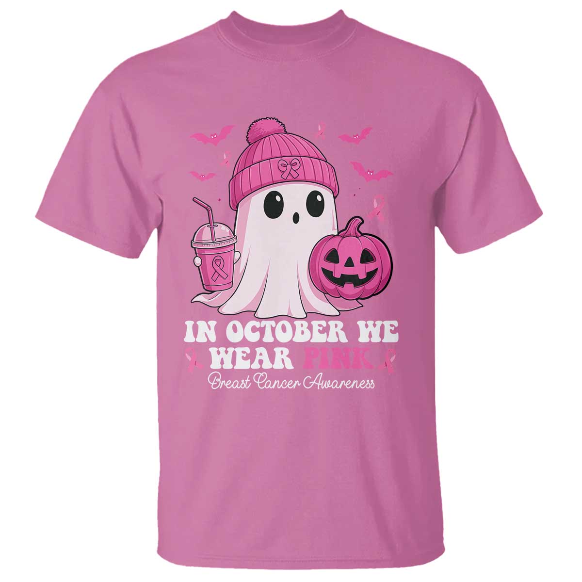 In October We Wear Pink Ghost T Shirt Halloween Breast Cancer Pink Ribbon Pumpkin - Wonder Print Shop