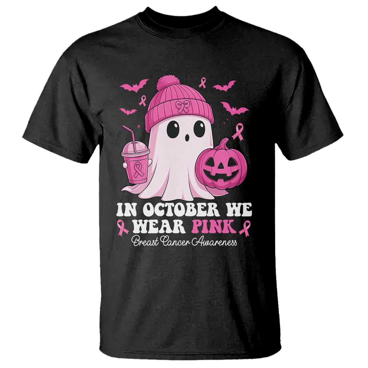 In October We Wear Pink Ghost T Shirt Halloween Breast Cancer Pink Ribbon Pumpkin - Wonder Print Shop