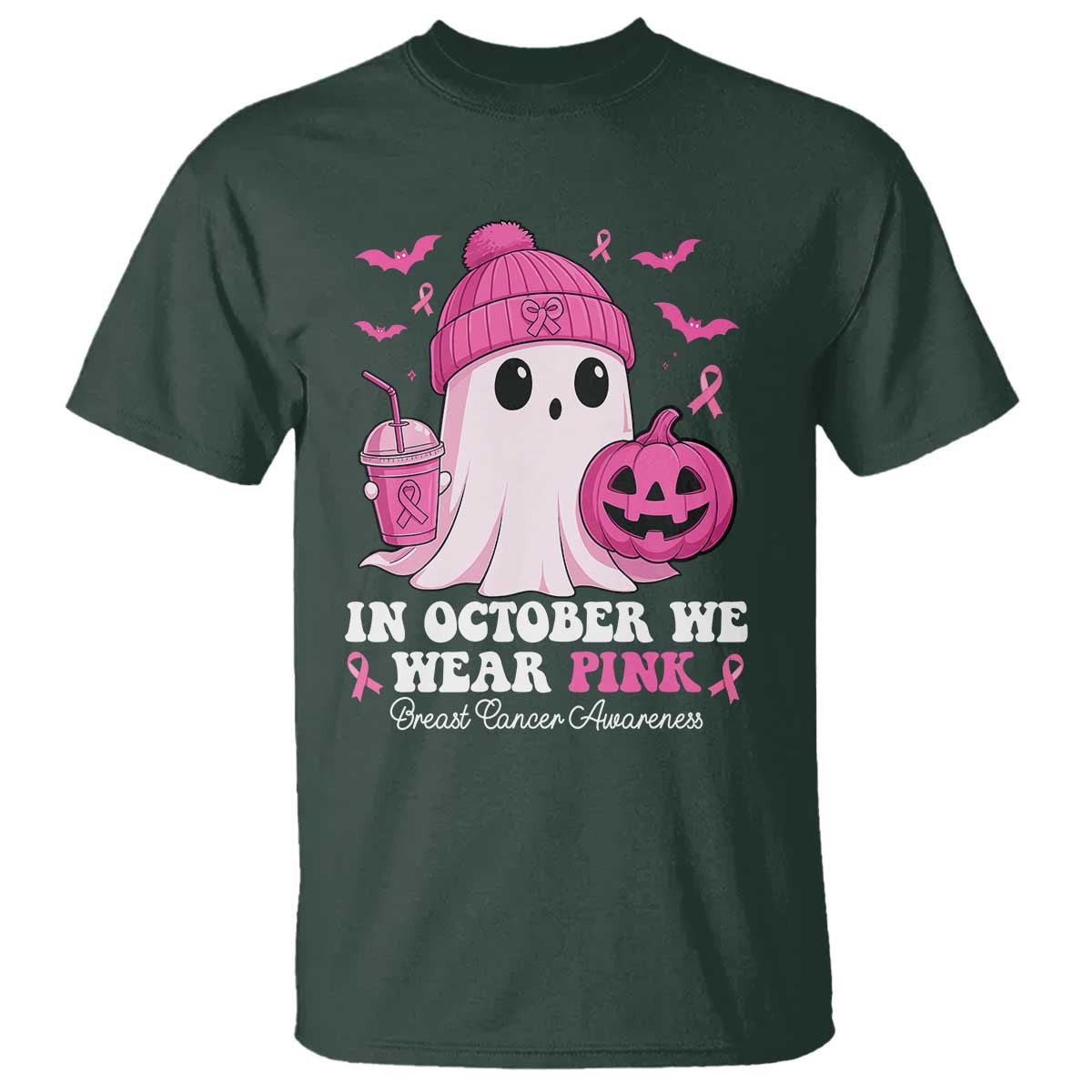 In October We Wear Pink Ghost T Shirt Halloween Breast Cancer Pink Ribbon Pumpkin - Wonder Print Shop