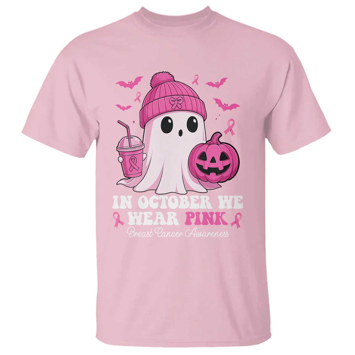 In October We Wear Pink Ghost T Shirt Halloween Breast Cancer Pink Ribbon Pumpkin - Wonder Print Shop
