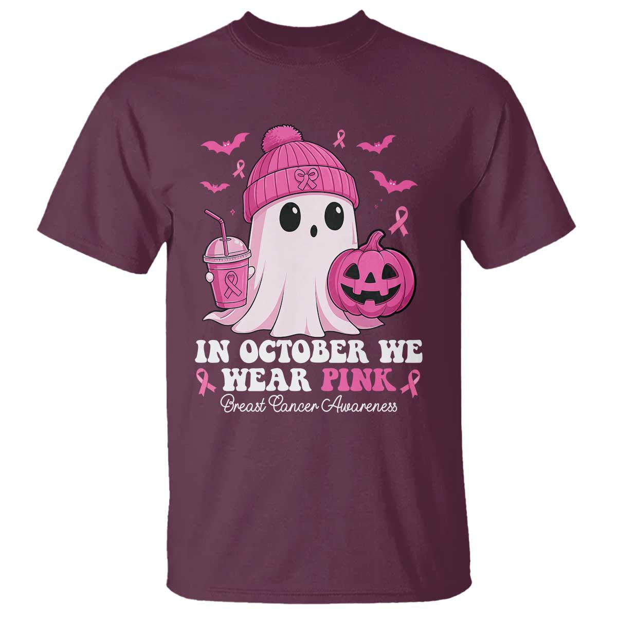 In October We Wear Pink Ghost T Shirt Halloween Breast Cancer Pink Ribbon Pumpkin - Wonder Print Shop