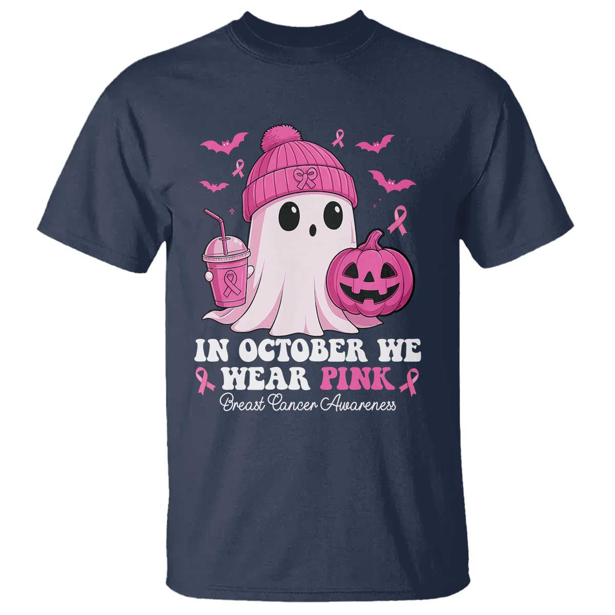 In October We Wear Pink Ghost T Shirt Halloween Breast Cancer Pink Ribbon Pumpkin - Wonder Print Shop