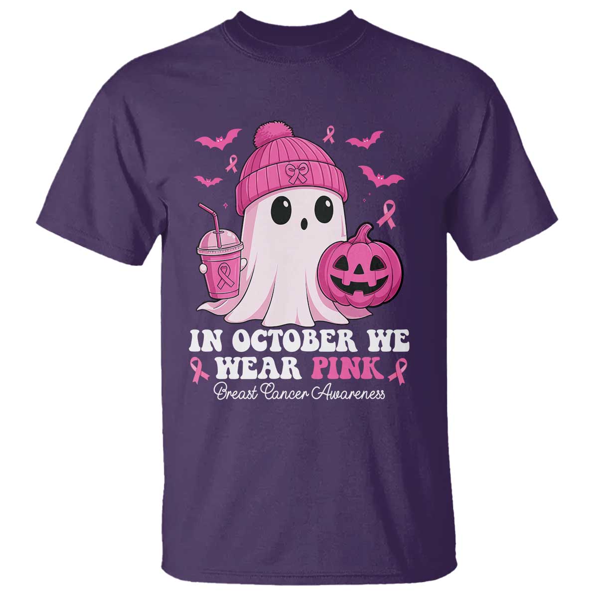 In October We Wear Pink Ghost T Shirt Halloween Breast Cancer Pink Ribbon Pumpkin - Wonder Print Shop