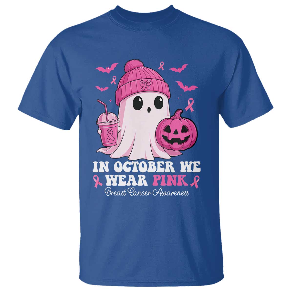 In October We Wear Pink Ghost T Shirt Halloween Breast Cancer Pink Ribbon Pumpkin - Wonder Print Shop