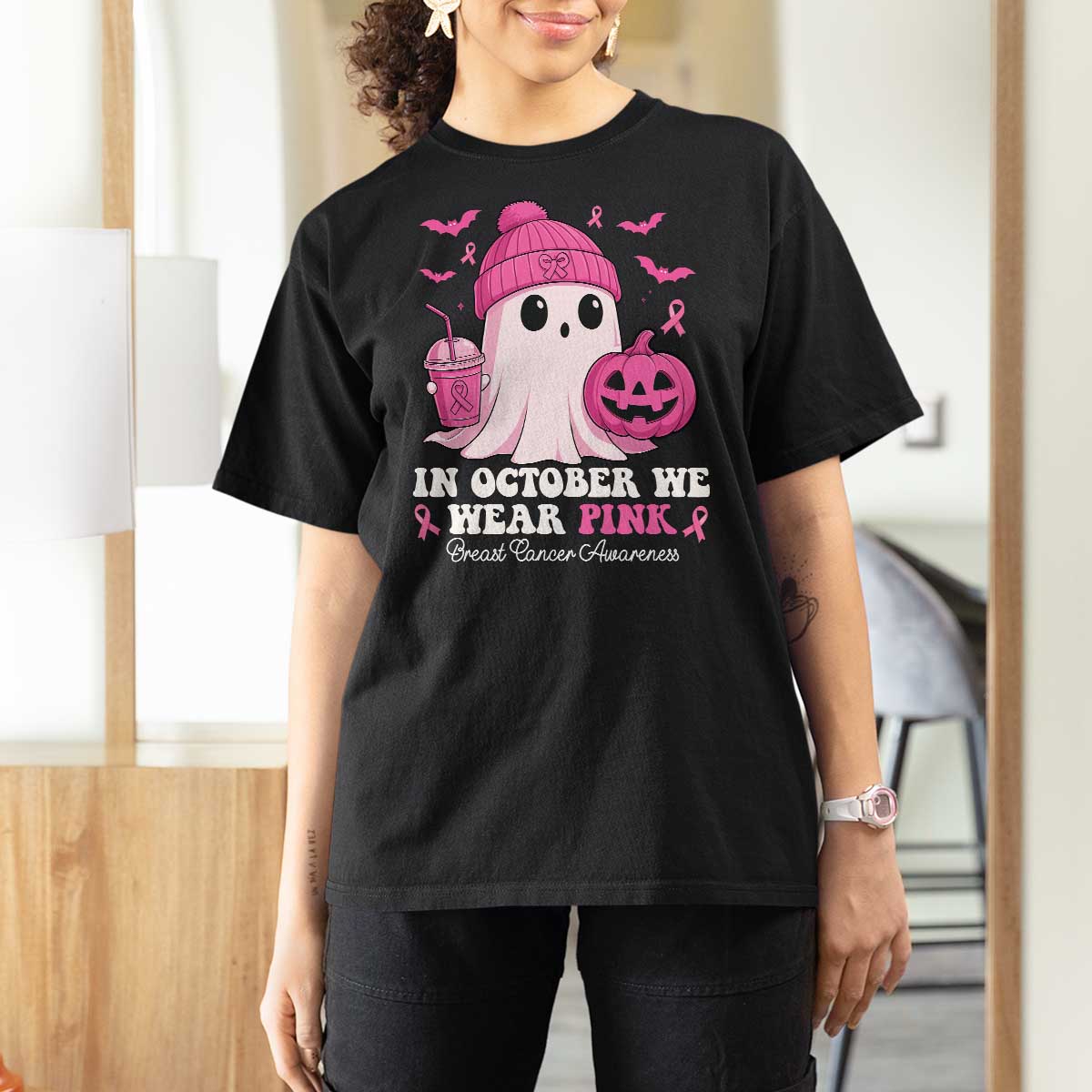 In October We Wear Pink Ghost T Shirt For Women Halloween Breast Cancer Pink Ribbon Pumpkin - Wonder Print Shop