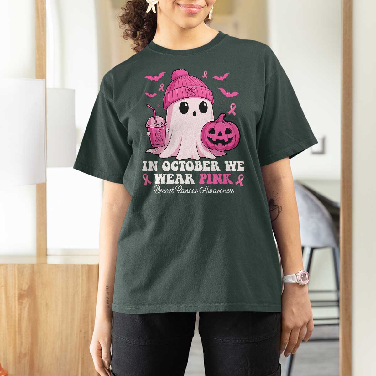 In October We Wear Pink Ghost T Shirt For Women Halloween Breast Cancer Pink Ribbon Pumpkin - Wonder Print Shop