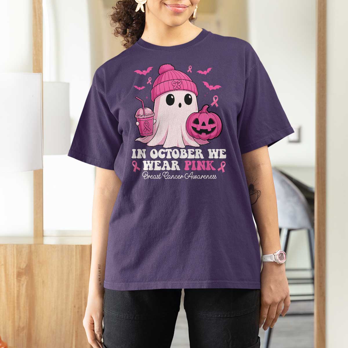 In October We Wear Pink Ghost T Shirt For Women Halloween Breast Cancer Pink Ribbon Pumpkin - Wonder Print Shop
