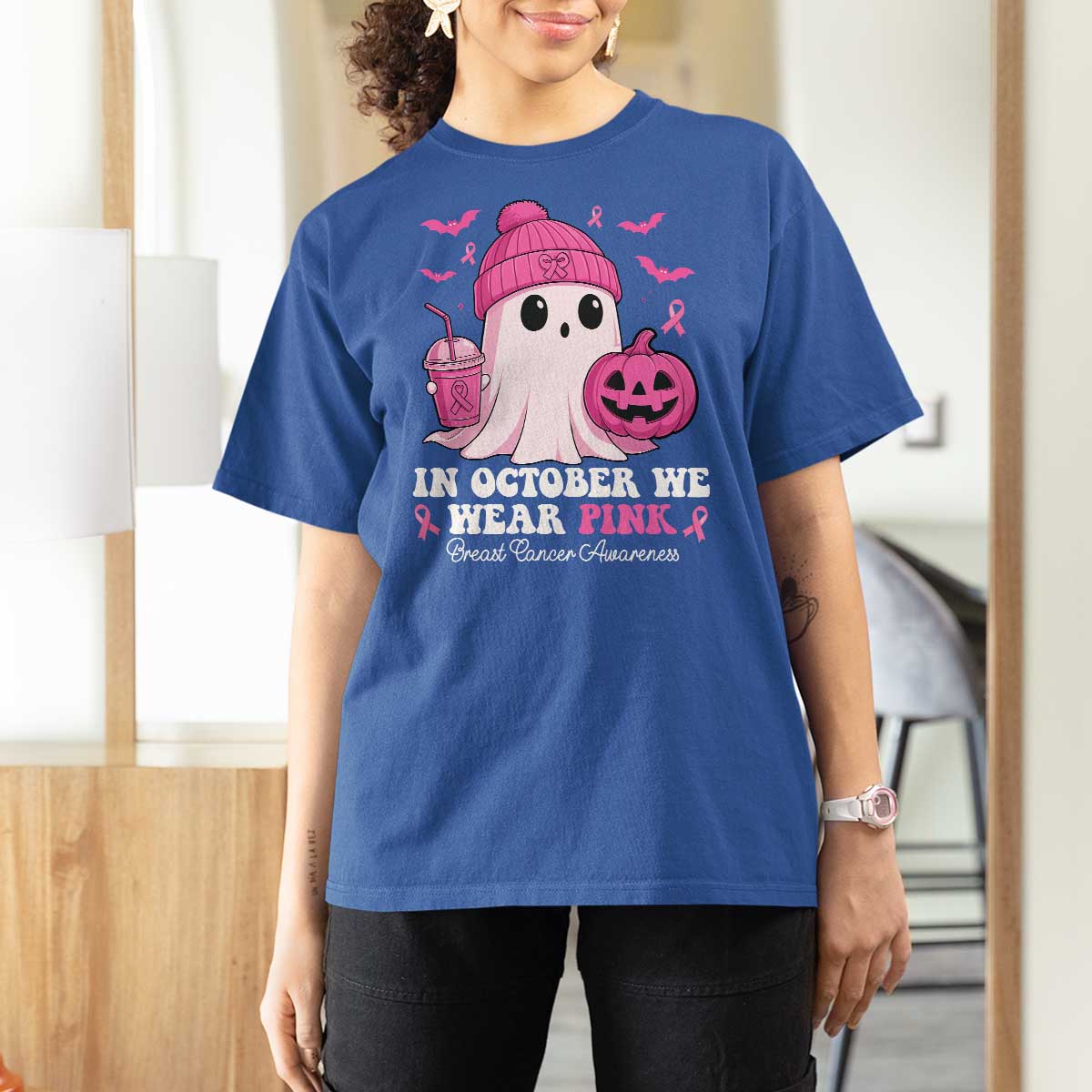In October We Wear Pink Ghost T Shirt For Women Halloween Breast Cancer Pink Ribbon Pumpkin - Wonder Print Shop