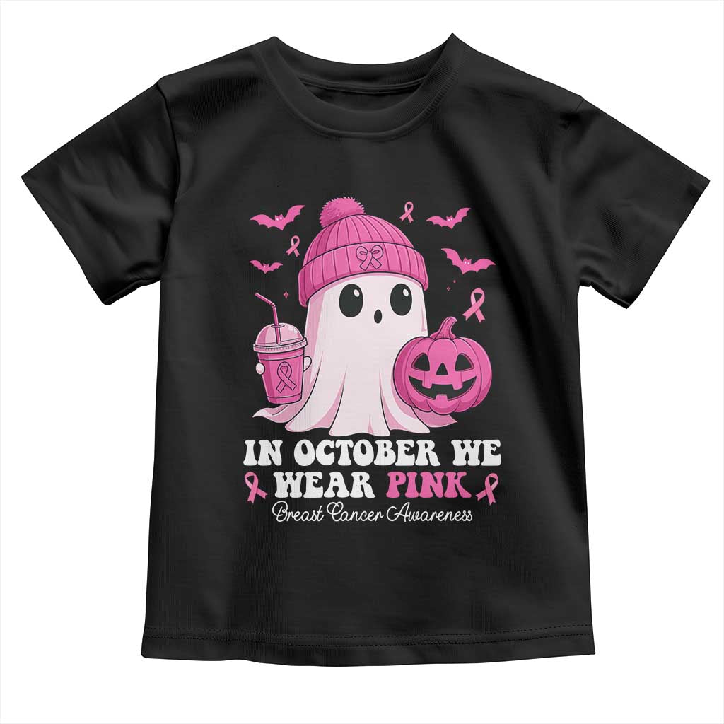 In October We Wear Pink Ghost Toddler T Shirt Halloween Breast Cancer Pink Ribbon Pumpkin - Wonder Print Shop