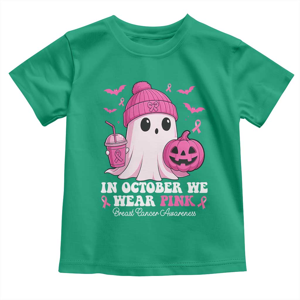 In October We Wear Pink Ghost Toddler T Shirt Halloween Breast Cancer Pink Ribbon Pumpkin - Wonder Print Shop