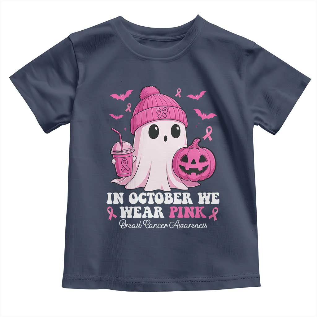 In October We Wear Pink Ghost Toddler T Shirt Halloween Breast Cancer Pink Ribbon Pumpkin - Wonder Print Shop