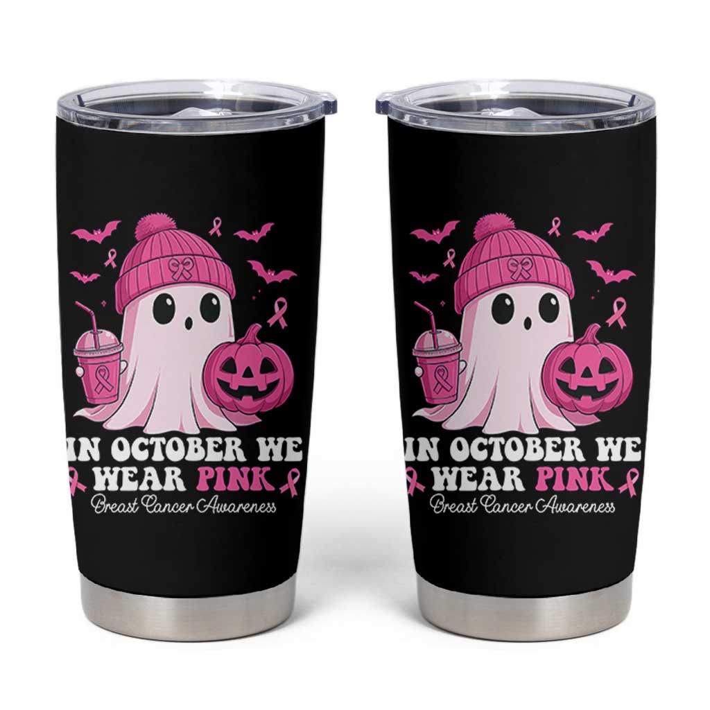 In October We Wear Pink Ghost Tumbler Cup Halloween Breast Cancer Pink Ribbon Pumpkin - Wonder Print Shop