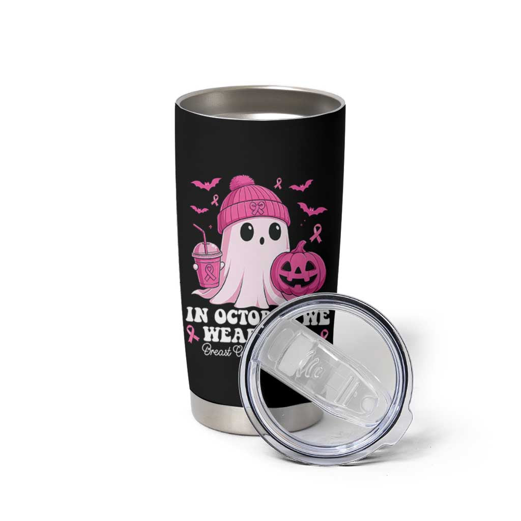 In October We Wear Pink Ghost Tumbler Cup Halloween Breast Cancer Pink Ribbon Pumpkin - Wonder Print Shop