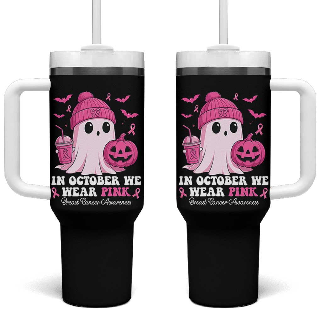 In October We Wear Pink Ghost Tumbler With Handle Halloween Breast Cancer Pink Ribbon Pumpkin - Wonder Print Shop