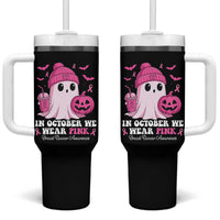 In October We Wear Pink Ghost Tumbler With Handle Halloween Breast Cancer Pink Ribbon Pumpkin - Wonder Print Shop