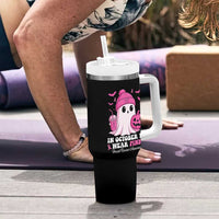 In October We Wear Pink Ghost Tumbler With Handle Halloween Breast Cancer Pink Ribbon Pumpkin - Wonder Print Shop