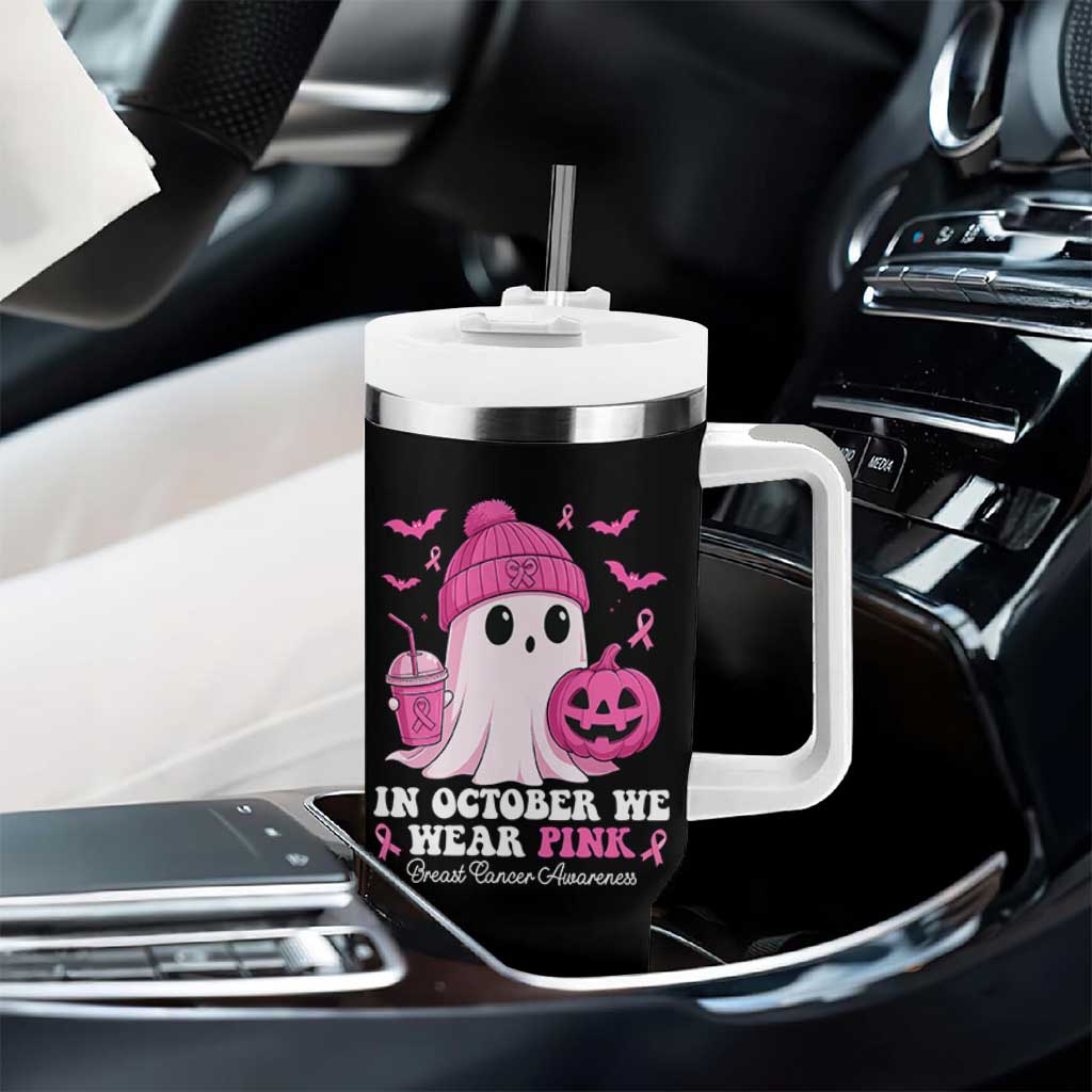 In October We Wear Pink Ghost Tumbler With Handle Halloween Breast Cancer Pink Ribbon Pumpkin - Wonder Print Shop