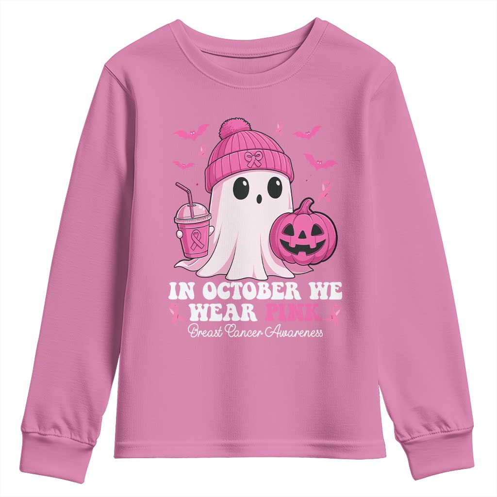 In October We Wear Pink Ghost Youth Sweatshirt Halloween Breast Cancer Pink Ribbon Pumpkin - Wonder Print Shop