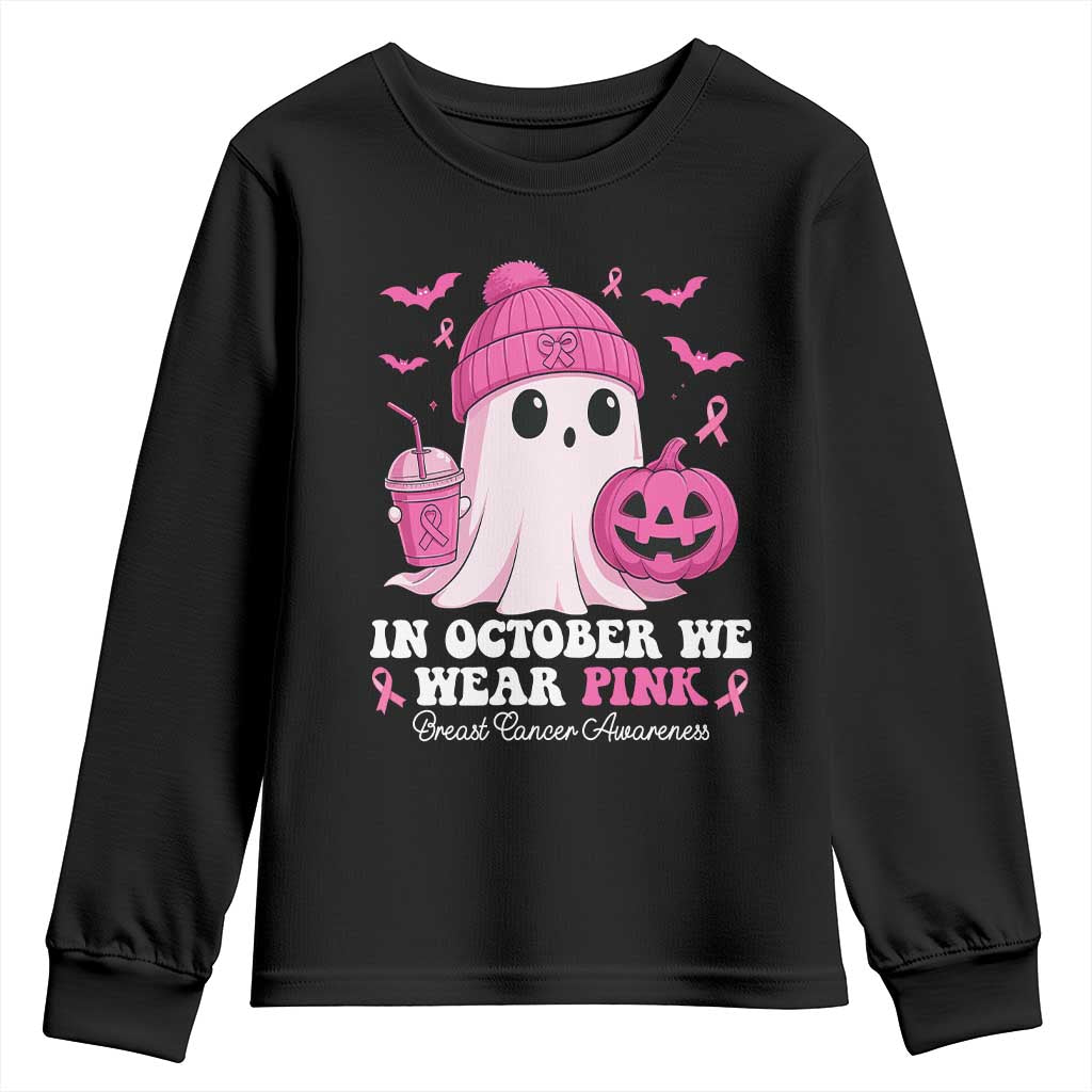 In October We Wear Pink Ghost Youth Sweatshirt Halloween Breast Cancer Pink Ribbon Pumpkin - Wonder Print Shop