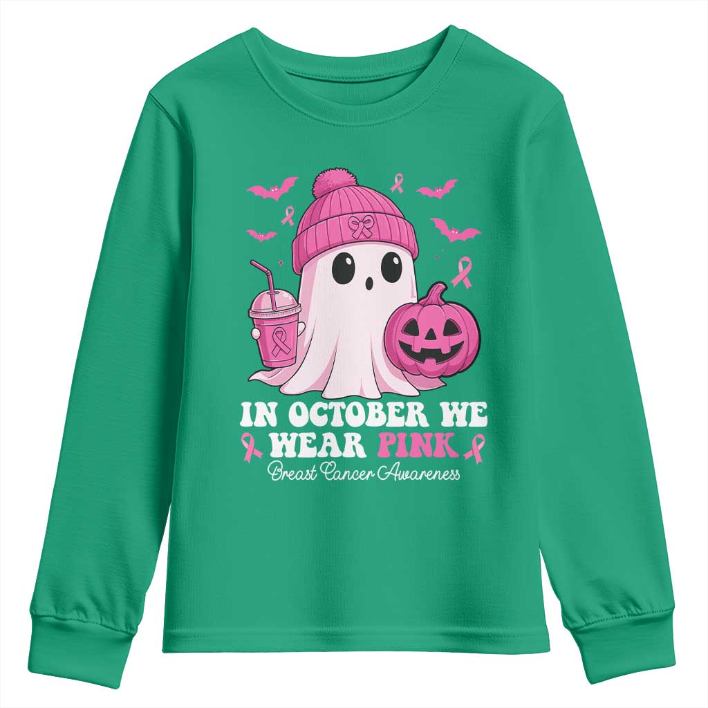 In October We Wear Pink Ghost Youth Sweatshirt Halloween Breast Cancer Pink Ribbon Pumpkin - Wonder Print Shop