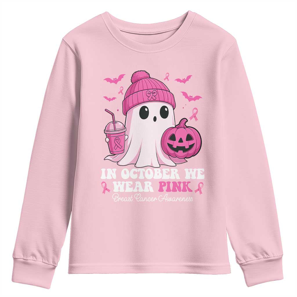 In October We Wear Pink Ghost Youth Sweatshirt Halloween Breast Cancer Pink Ribbon Pumpkin - Wonder Print Shop