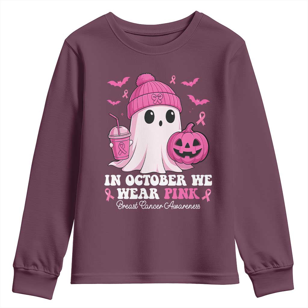 In October We Wear Pink Ghost Youth Sweatshirt Halloween Breast Cancer Pink Ribbon Pumpkin - Wonder Print Shop